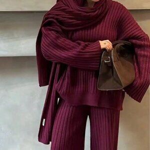 Burgundy Elegant Women's Long Sleeve Top, Pants, & Scarf Set